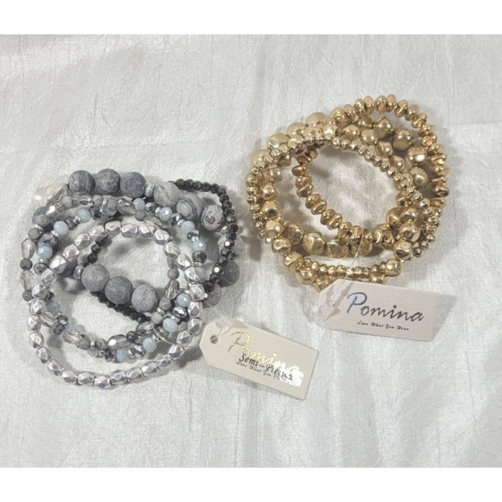 2 Sets of Pomina Stretch Beaded Bracelets - 5 Gray Semi Precious & 4 Gold - NWT